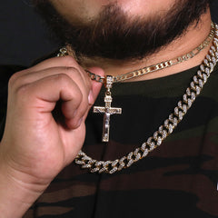 INRE Two Tone Jesus Cross Pendant 20" Figaro Chain Hip Hop Style 18k Gold Plated