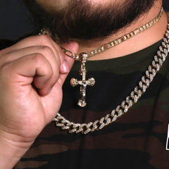 Edge Design Two Tone Jesus Cross Pendant 20" Figaro Chain Hip Hop Style 18k Gold Plated