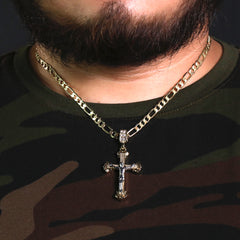 Edge Design Two Tone Jesus Cross Pendant 20" Figaro Chain Hip Hop Style 18k Gold Plated