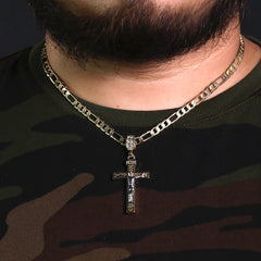 INRE Two Tone Jesus Cross Pendant 20" Figaro Chain Hip Hop Style 18k Gold Plated