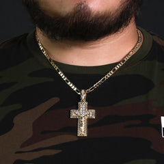 M1 Jesus Cz Cross Pendant 20" Figaro Chain Hip Hop Style 18k Gold Plated