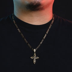 Oval Pattern Jesus Cross Pendant 24" Figaro Chain Hip Hop Style 18k Gold Plated