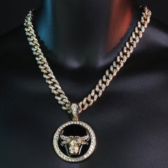 Large Round Black Bull Pendant Iced Cuban Cz Chain Mens Hip Hop Jewelry 18-24"