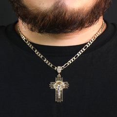 Halo Diamond Cut Jesus Cross Pendant 20" Figaro Chain Hip Hop Style 18k Gold Plated