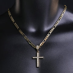 Single Row Cz Cross Pendant 20" Figaro Chain Hip Hop Style 18k Gold Plated