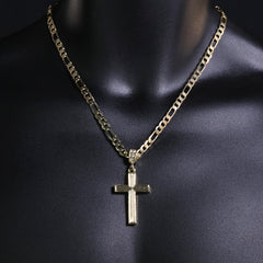Line Cross Pendant 20" Figaro Chain Hip Hop Style 18k Gold Plated