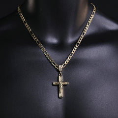 Jesus Pillar Cross Pendant 20" Figaro Chain Hip Hop Style 18k Gold Plated
