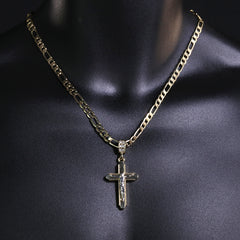 Two Tone Jesus Smooth Cross Pendant 20" Figaro Chain Hip Hop Style 18k Gold Plated