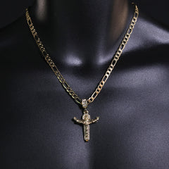 Jesus & Holy Father Cross Pendant 20" Figaro Chain Hip Hop Style 18k Gold Plated