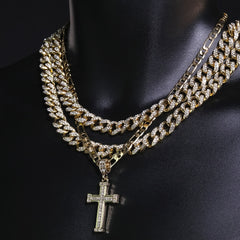 Single Row Cz Staple Cross Pendant 20" Figaro Chain Hip Hop Style 18k Gold Plated