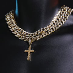 Hallow Curve Cross Pendant 20" Figaro Chain Hip Hop Style 18k Gold Plated