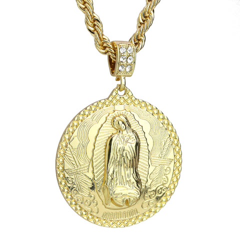 Cz Round Mini Oval Guadalupe Pendant Rope 6mm 24 Necklace Men's 14k Gold Plated