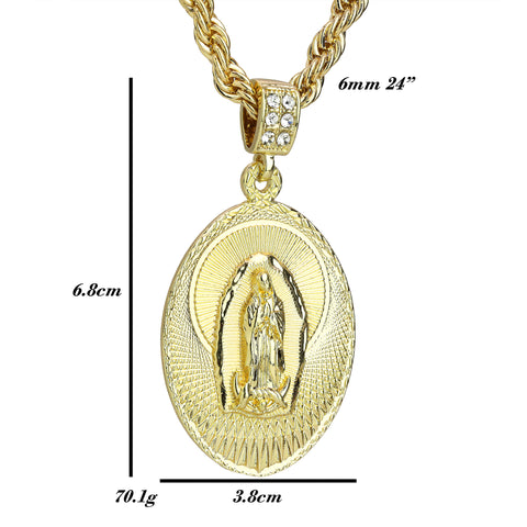 Cz Oval Pattern Line Guadalupe Pendant Rope 6mm 24 Necklace Men's 14k Gold Pl