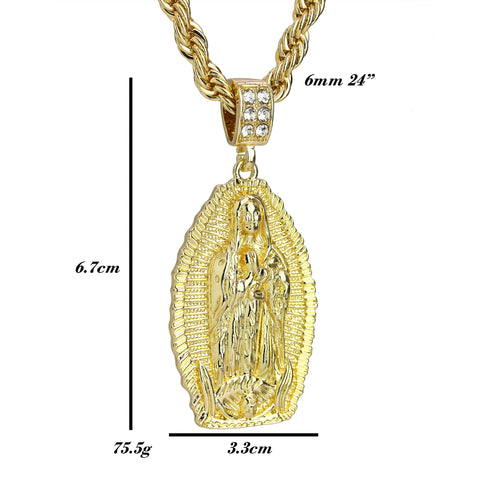Cz Oval Flat Line Holy Guadalupe Pendant Rope 6mm 24 Necklace Men's 14k Gold Pl