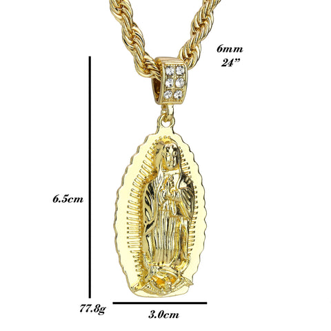 Cz Oval Wavy Guadalupe Pendant Rope 6mm 24 Necklace Men's 14k Gold Plated