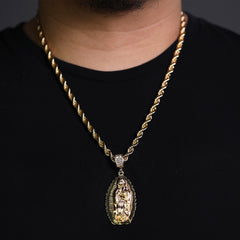 Cz Oval Wavy Guadalupe Pendant Rope 6mm 24 Necklace Men's 14k Gold Plated