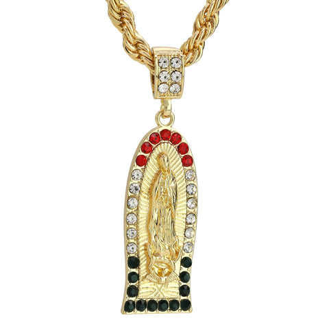 Cz Oval Thin Mexican Color Guadalupe Pendant Rope 24 Men's 14k Gold Plated Necklace
