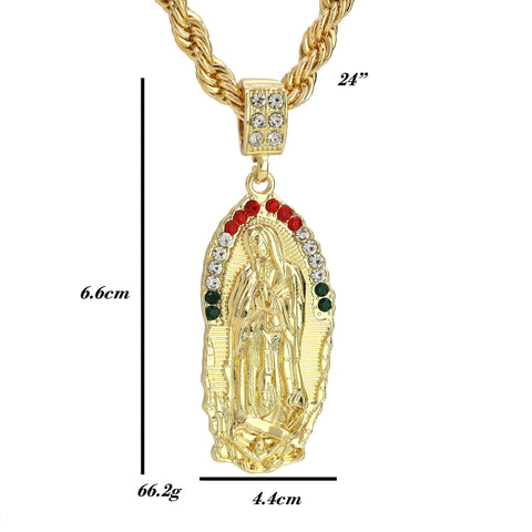 Cz Oval Half Mexican Color Guadalupe Pendant Rope 24 Necklace Men's 14k Gold Plated