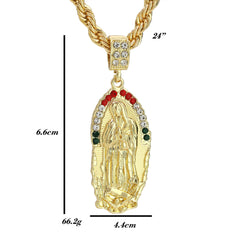 Cz Oval Half Mexican Color Guadalupe Pendant Rope 24 Necklace Men's 14k Gold Plated