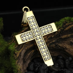 2Row Cz Pillar Cross Pendant 20" Figaro Chain Hip Hop Style 18k Gold Plated