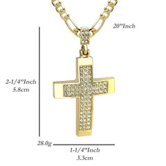 3Row Cz Dome Cross Pendant 20" Figaro Chain Hip Hop Style 18k Gold Plated