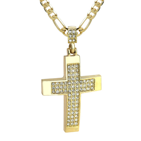 3Row Cz Dome Cross Pendant 20" Figaro Chain Hip Hop Style 18k Gold Plated