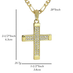 2Row Cz Pillar Cross Pendant 20" Figaro Chain Hip Hop Style 18k Gold Plated