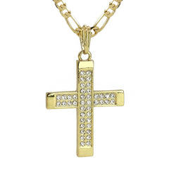 2Row Cz Pillar Cross Pendant 20" Figaro Chain Hip Hop Style 18k Gold Plated