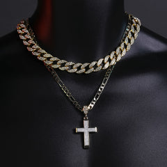 Stardust Cross Pendant 20" Figaro Chain Hip Hop Style 18k Gold Plated