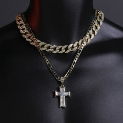 Silver Thick Stardust Cross Pendant 20" Figaro Chain Hip Hop Style 18k Gold Plated