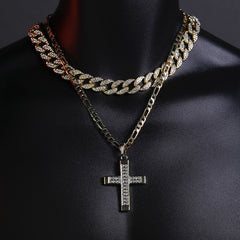 2Row Cz Pillar Cross Pendant 20" Figaro Chain Hip Hop Style 18k Gold Plated