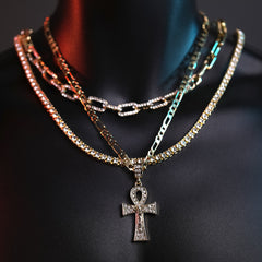 Egyptian Ankh Jesus Cross Pendant 20" Figaro Chain Hip Hop Style 18k Gold Plated