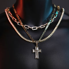 Stardust Jesus Cross Pendant 20" Figaro Chain Hip Hop Style 18k Gold Plated