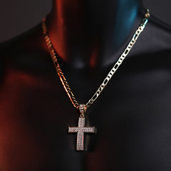 2Row Cz Cross Pendant 20" Figaro Chain Hip Hop Style 18k Gold Plated