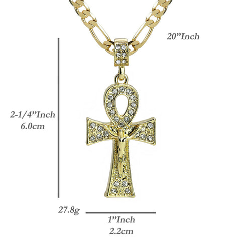 Egyptian Ankh Jesus Cross Pendant 20" Figaro Chain Hip Hop Style 18k Gold Plated