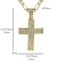 2Row Cz Cross Pendant 20" Figaro Chain Hip Hop Style 18k Gold Plated