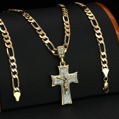 Stardust Jesus Cross Pendant 20" Figaro Chain Hip Hop Style 18k Gold Plated