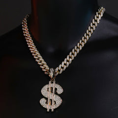 Large Cz Money Sign Pendant Iced Cuban Cz Chain Mens Hip Hop Jewelry 18-24"