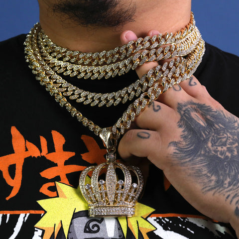 Large Cz Crown Pendant Iced Cuban Cz Chain Mens Hip Hop Jewelry 18-24"