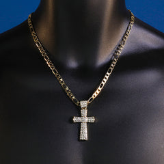 Thick Icy Cross Pendant 20" Figaro Chain Hip Hop Style 18k Gold Plated