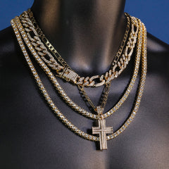 Two Cross Stardust Pendant 20" Figaro Chain Hip Hop Style 18k Gold Plated