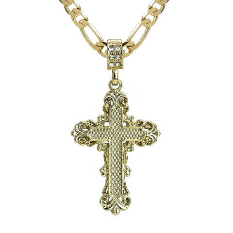 Royal Cross Pendant 20" Figaro Chain Hip Hop Style 18k Gold Plated