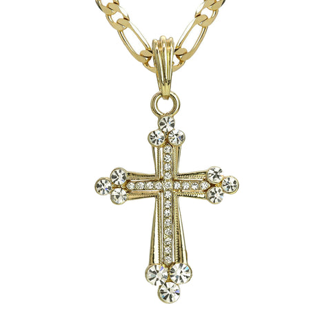 Frost Hallow Cz Cross Pendant 20" Figaro Chain Hip Hop Style 18k Gold Plated