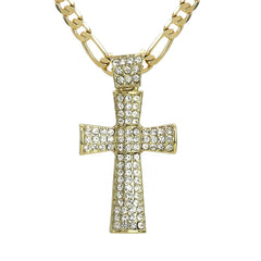 Thick Icy Cross Pendant 20" Figaro Chain Hip Hop Style 18k Gold Plated