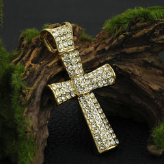 Thick Icy Cross Pendant 20" Figaro Chain Hip Hop Style 18k Gold Plated