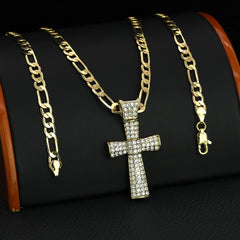 Thick Icy Cross Pendant 20" Figaro Chain Hip Hop Style 18k Gold Plated