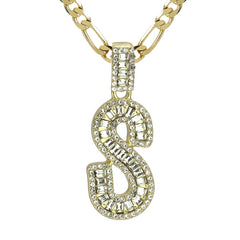 Initial Alphabet Baguette Letter Lab Diamond Cut Pendant 20"Figaro Chain Hip Hop Necklace