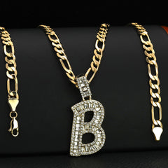 Initial Alphabet Baguette Letter Lab Diamond Cut Pendant 20"Figaro Chain Hip Hop Necklace