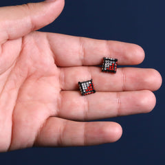 Men's Black Plated Clear/Red Cz Cube Hip Hop Micro Pave Stud Earrings