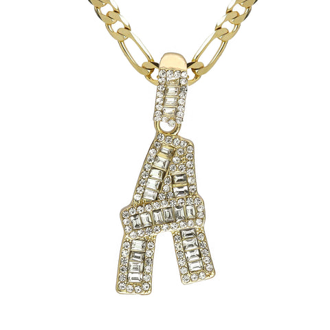 Initial Alphabet Letter Lab Baguette Cz Diamond Cut Pendant 4mm 20" FIGARO CHAIN Hip Hop Necklace